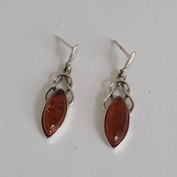Vintage Sterling Silver Celtic Boho Marquis Baltic Amber Long Drop Earrings - Picture 11 of 14